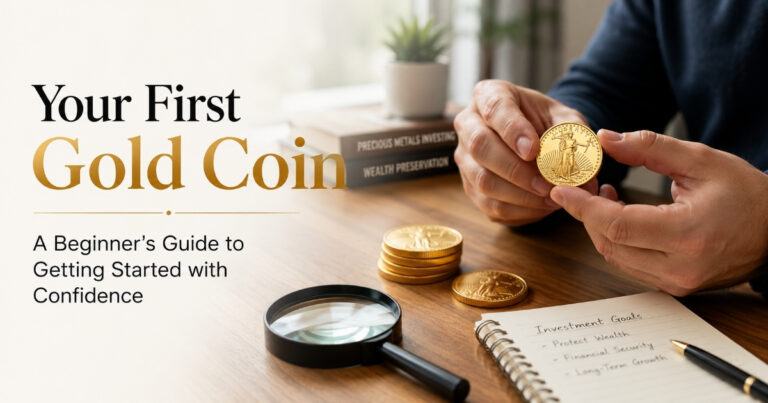 Beginner holding a gold bullion coin with investment notes and gold coins on a desk