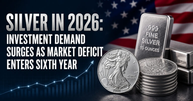 Silver in 2026: Investment Demand Surges as Market Deficit Enters Sixth Year' against a U.S. flag background.